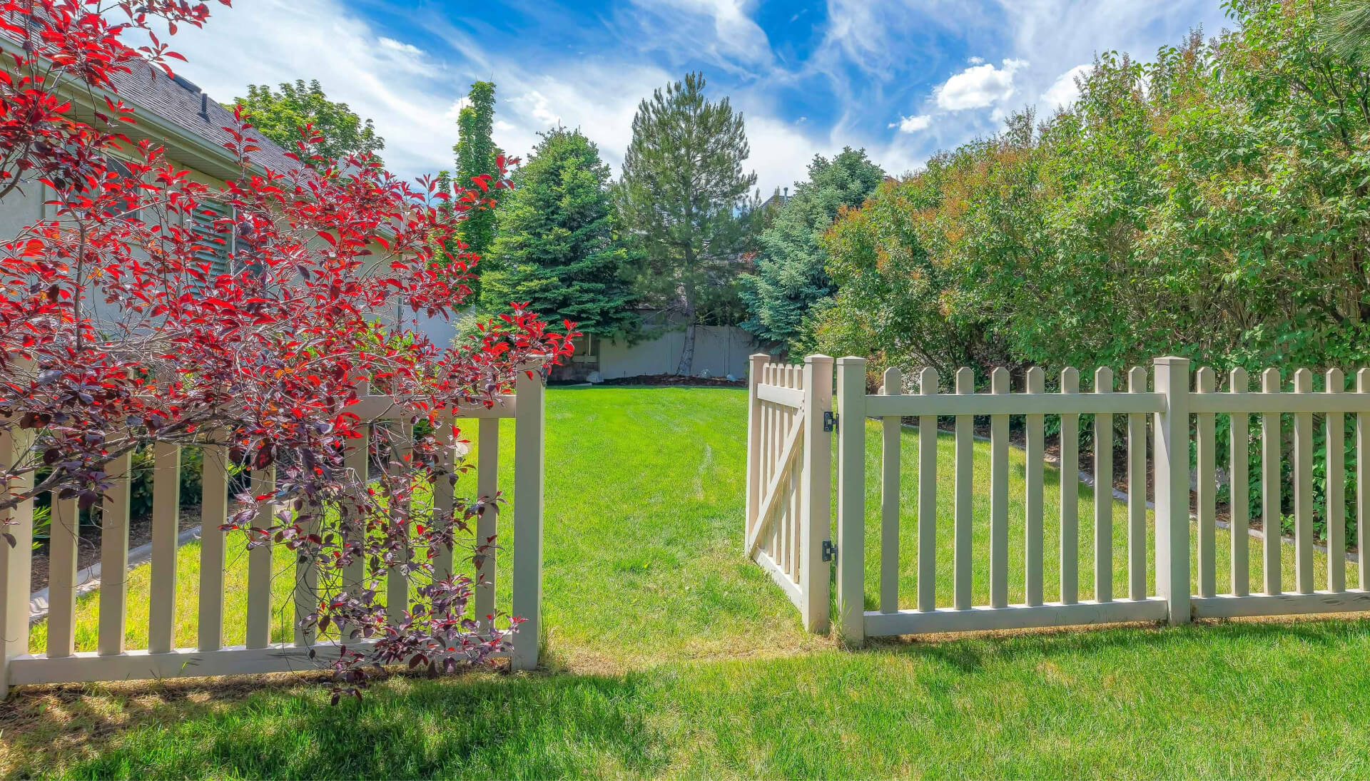 A functional fence gate providing access to a well-maintained backyard, surrounded by a wooden fence in Augusta